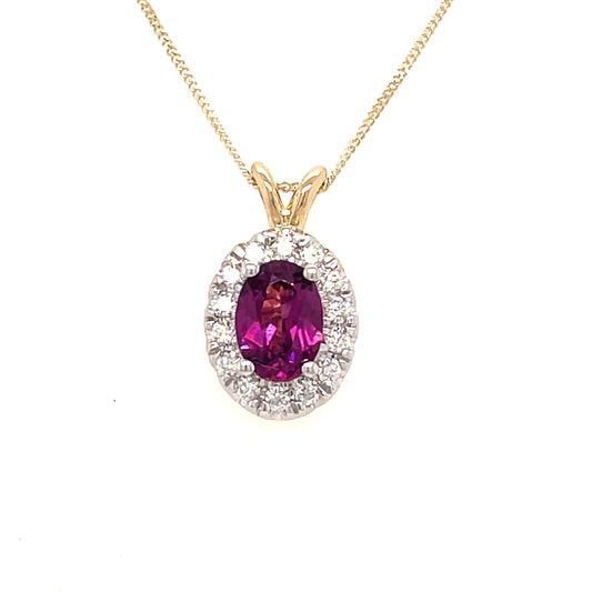 9ct Oval Purple Garnet Diamond Cluster Pendant