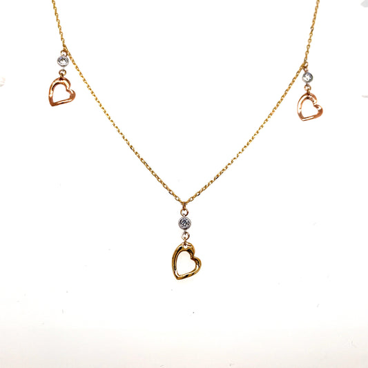9ct Tricolour Necklet With Cubic Zirconia And Drop Heart Detail