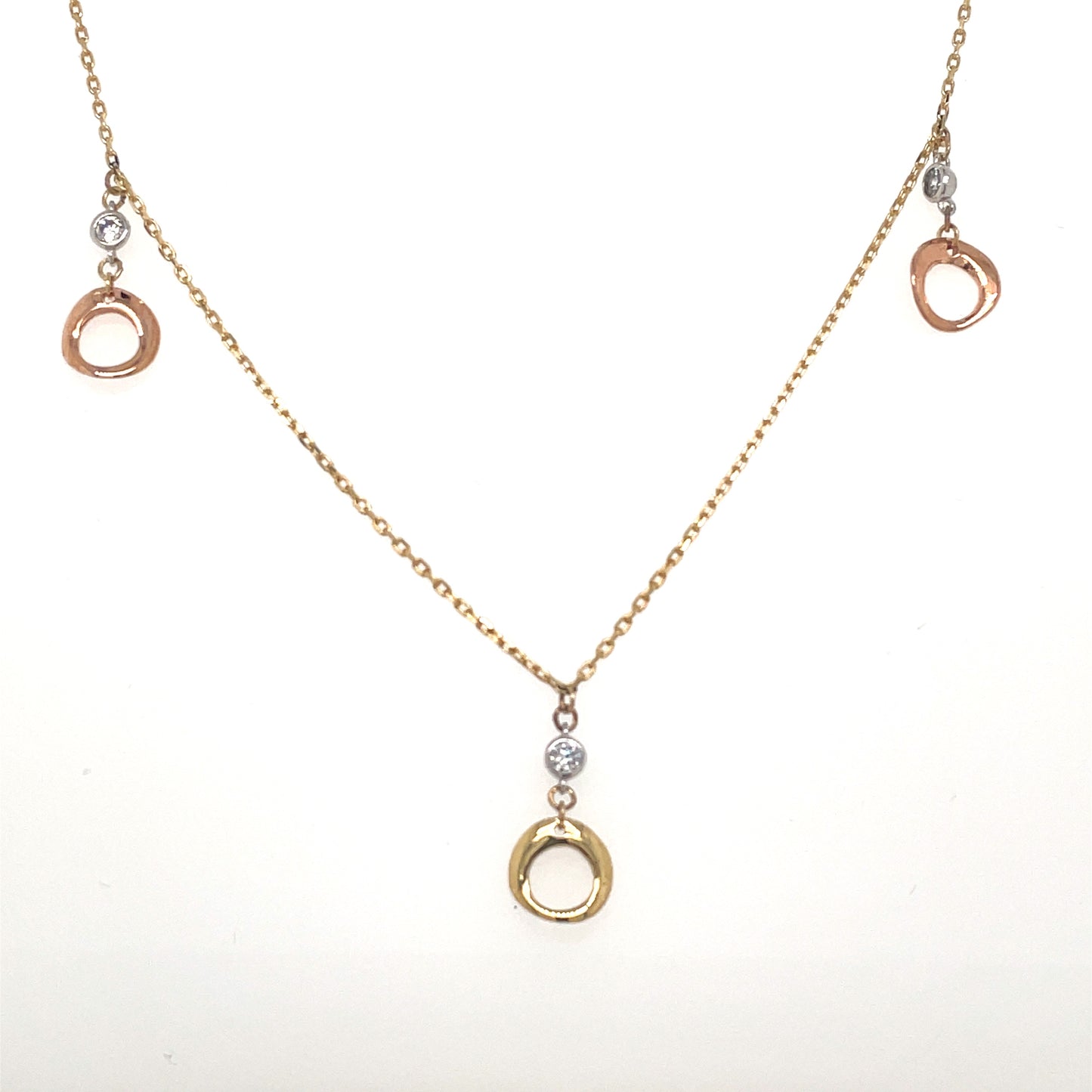 9ct Tricolour Necklet With Cubic Zirconia Circle Drop Detail