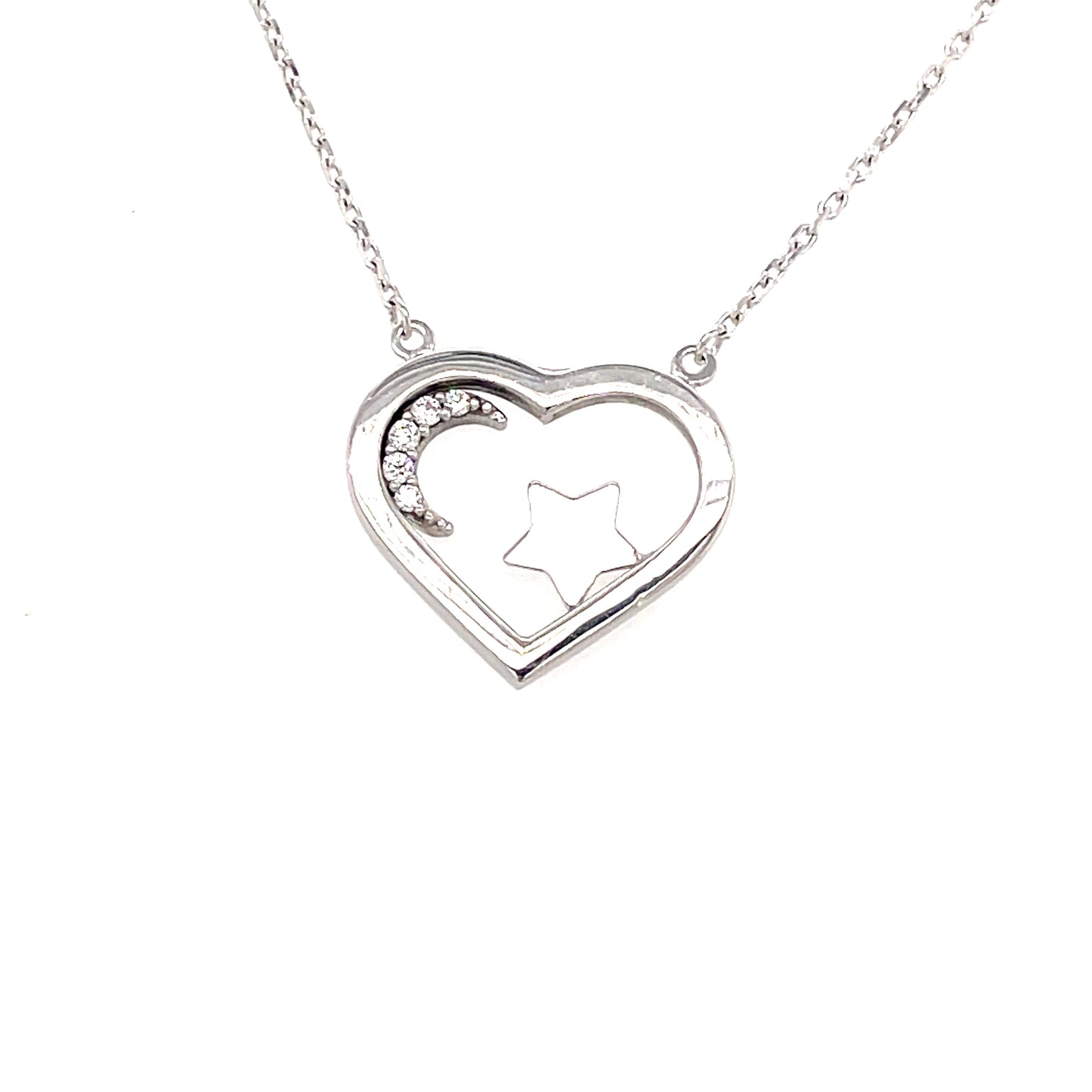 9ct White Gold Open Heart/Star/Moon Cubic Zirconia Necklet