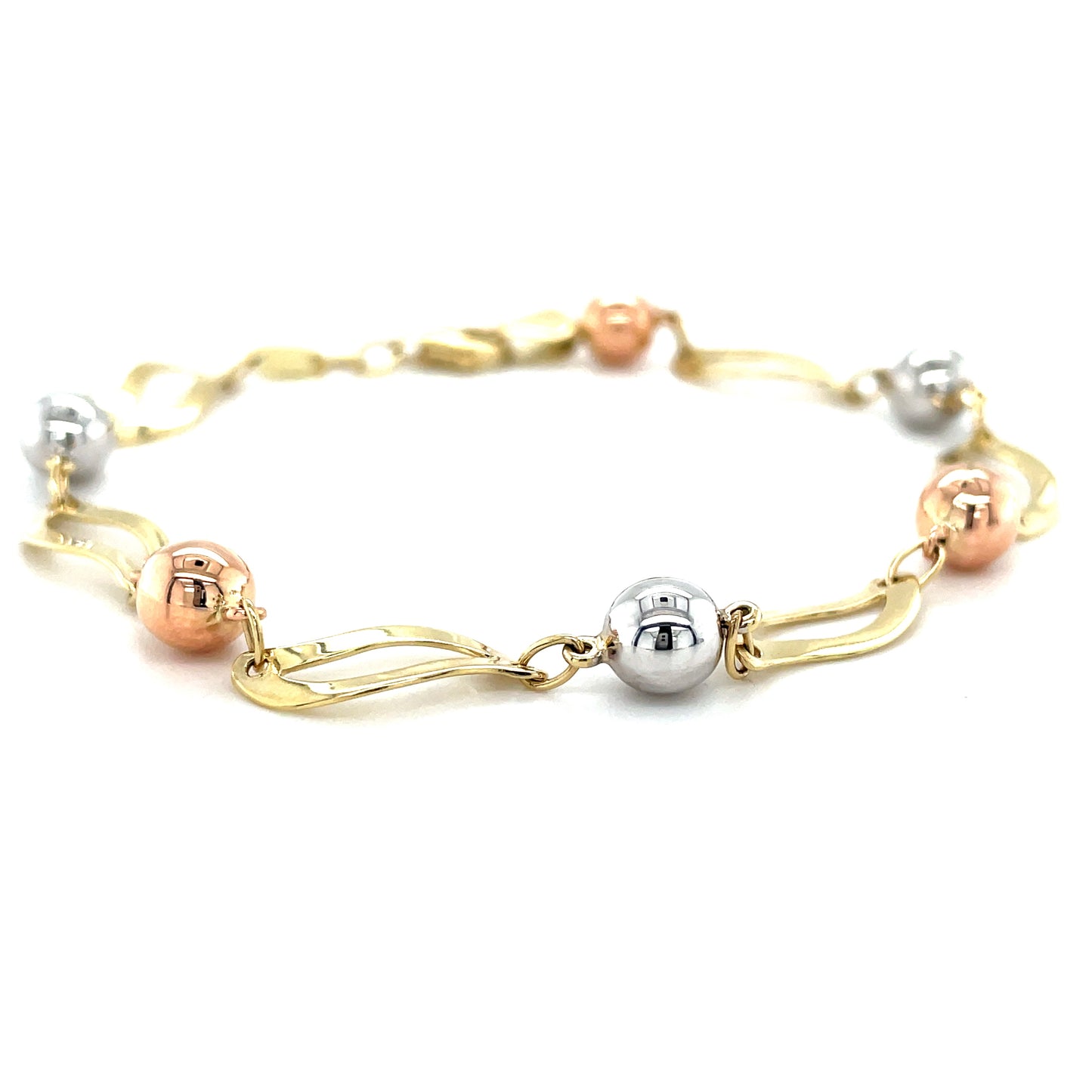 9ct Three Tone Open Oval Wave Ball Detail Bracelet