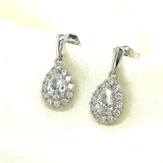 9ct White Gold Cubic Zirconia Pear Cluster Drop Earring