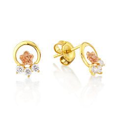 9ct Yellow and Rose Gold Open Circle Rose Earrings with 3 CZ Petals