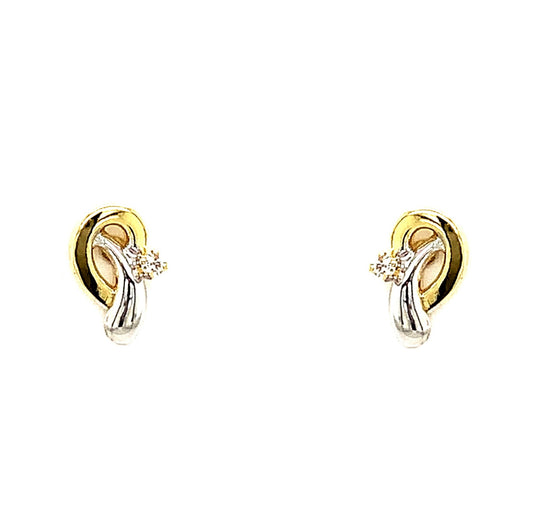 9ct Two Tone And Cubic Zirconia Curve Stud Earrings