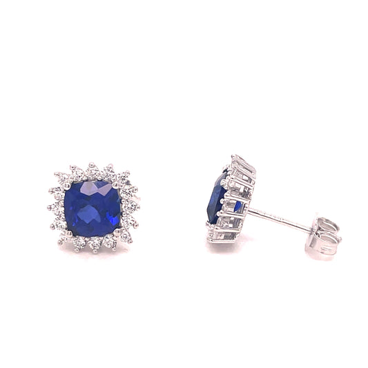 9CT WHITE GOLD CULTURED SAPPHIRE AND CUBIC ZIRCONIA SQUARE CLUSTER STUD EARRING