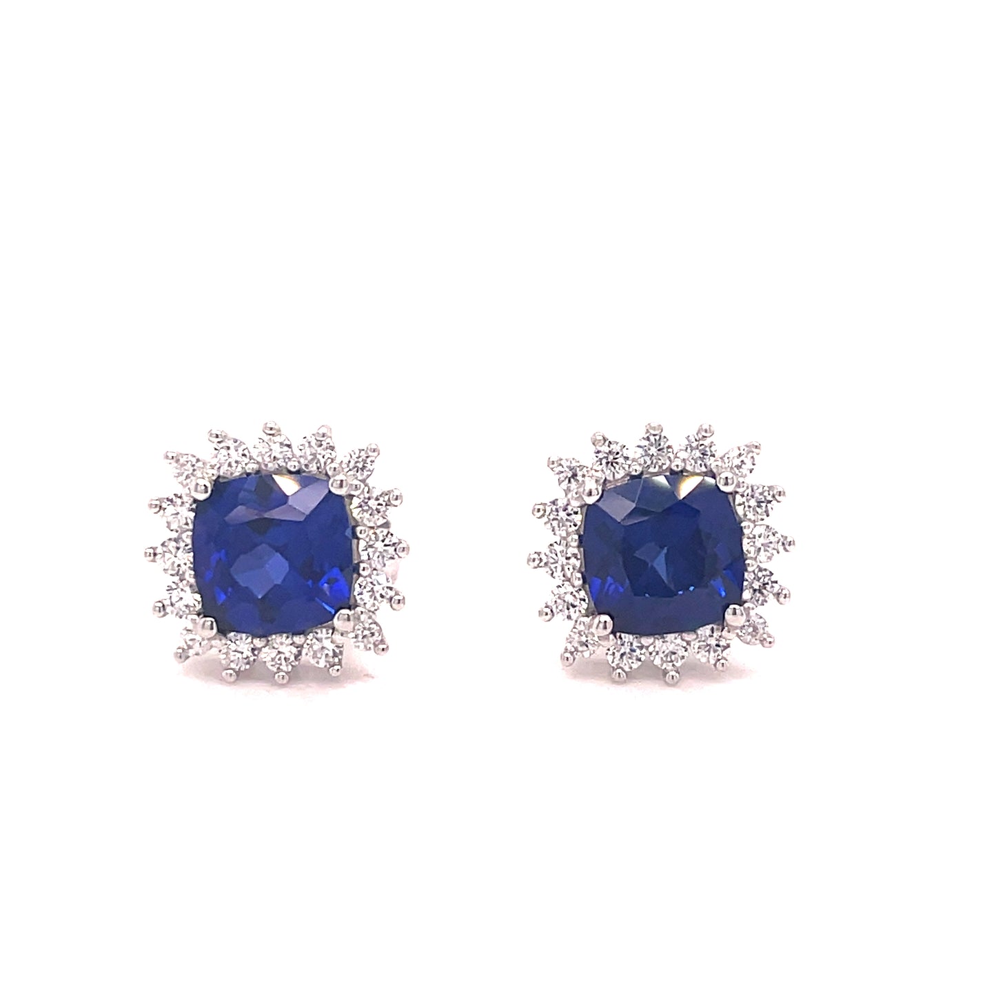 9CT WHITE GOLD CULTURED SAPPHIRE AND CUBIC ZIRCONIA SQUARE CLUSTER STUD EARRING