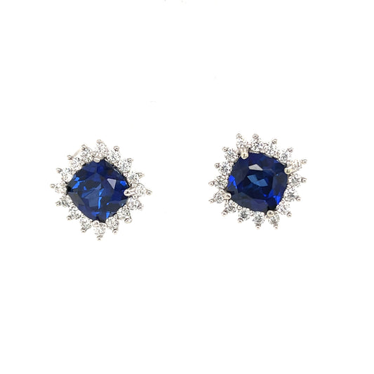 9CT WHITE GOLD CULTURED SAPPHIRE AND CUBIC ZIRCONIA SQUARE CLUSTER STUD EARRING