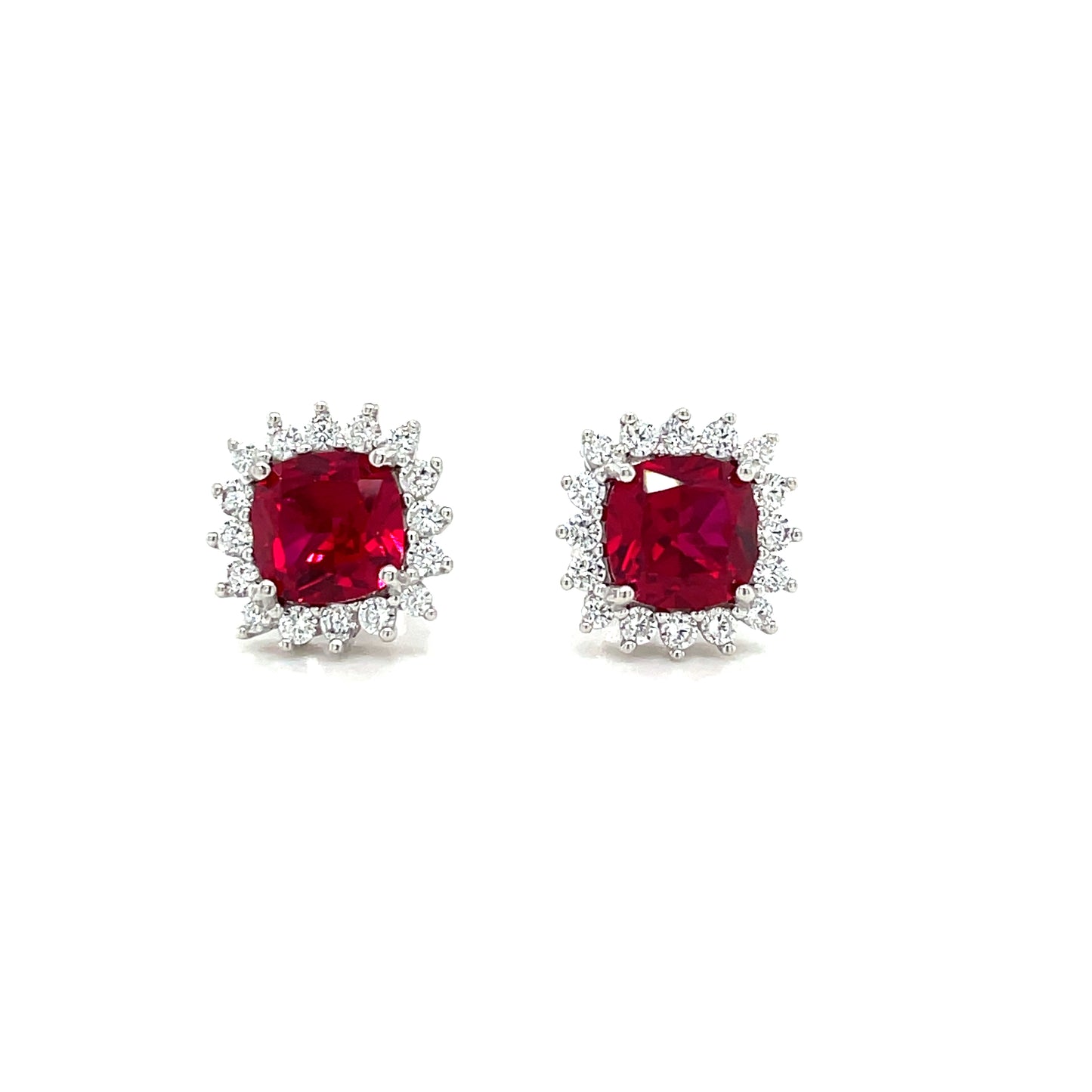 9CT WHITE GOLD CULTURED RUBY AND CUBIC ZIRCONIA SQUARE CLUSTER STUD EARRING