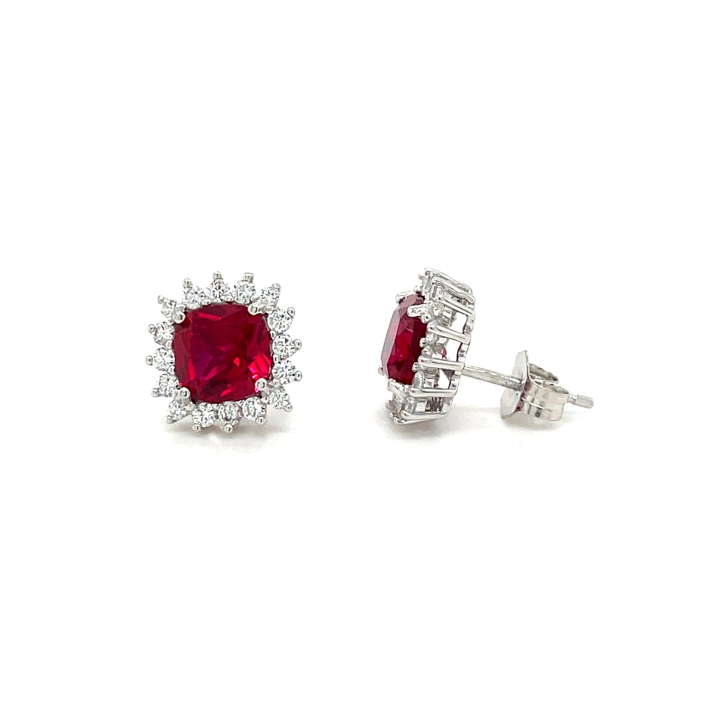 9CT WHITE GOLD CULTURED RUBY AND CUBIC ZIRCONIA SQUARE CLUSTER STUD EARRING