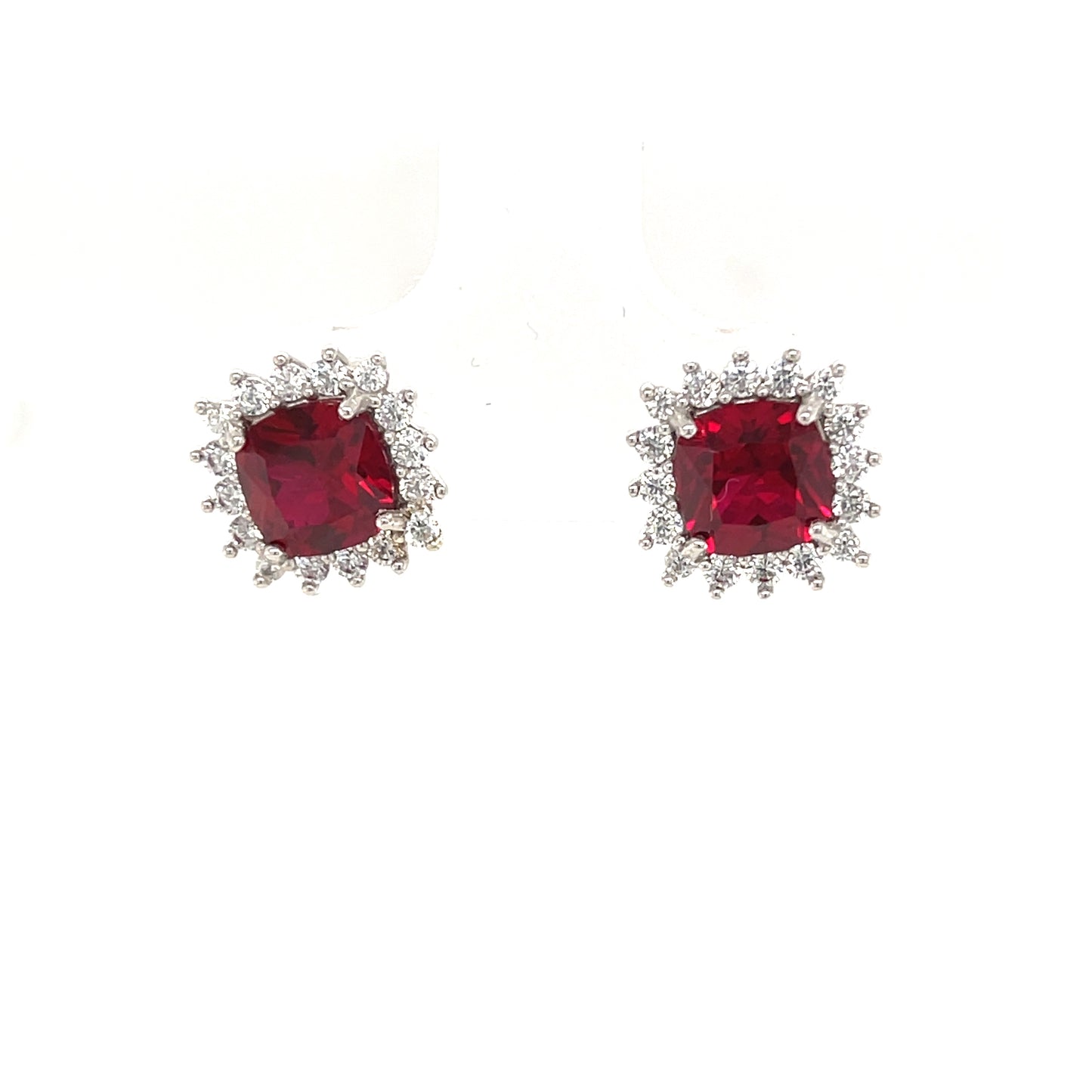 9CT WHITE GOLD CULTURED RUBY AND CUBIC ZIRCONIA SQUARE CLUSTER STUD EARRING