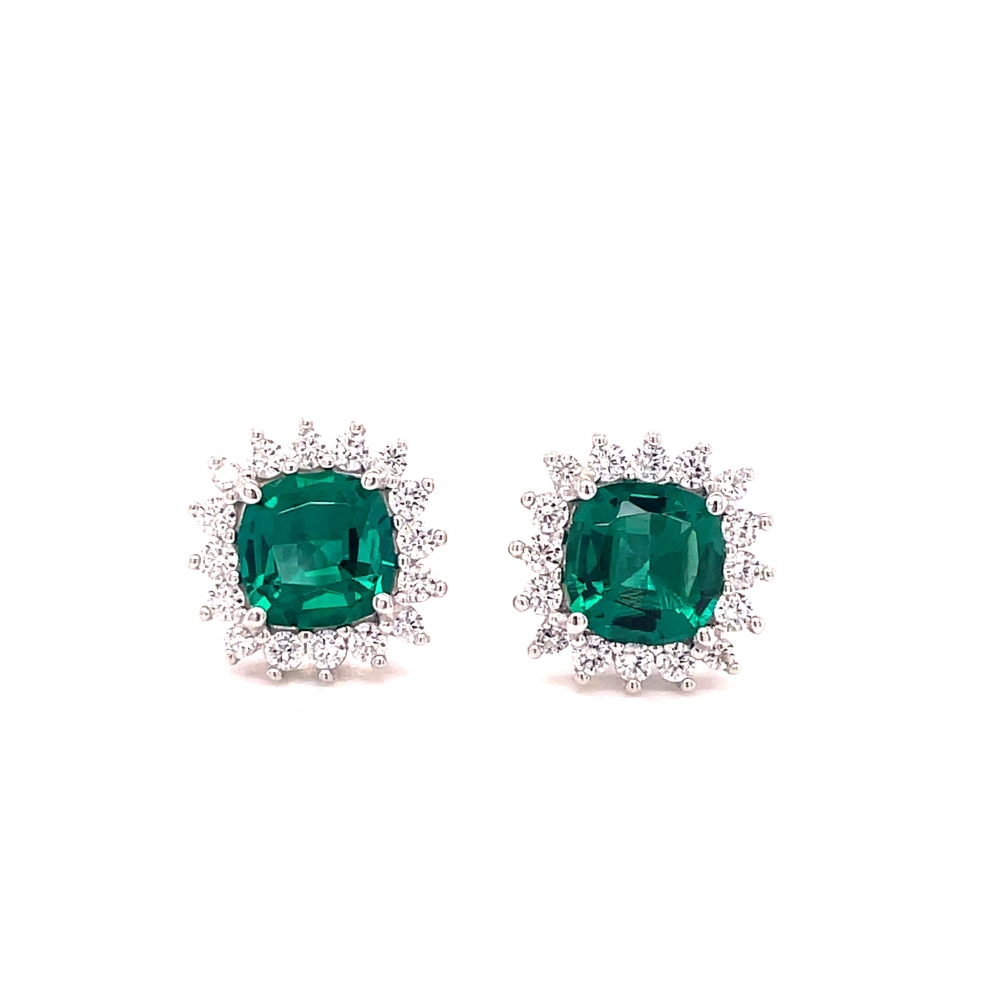 9CT WHITE GOLD CULTURED EMERALD AND CUBIC ZIRCONIA SQUARE CLUSTER STUD EARRING