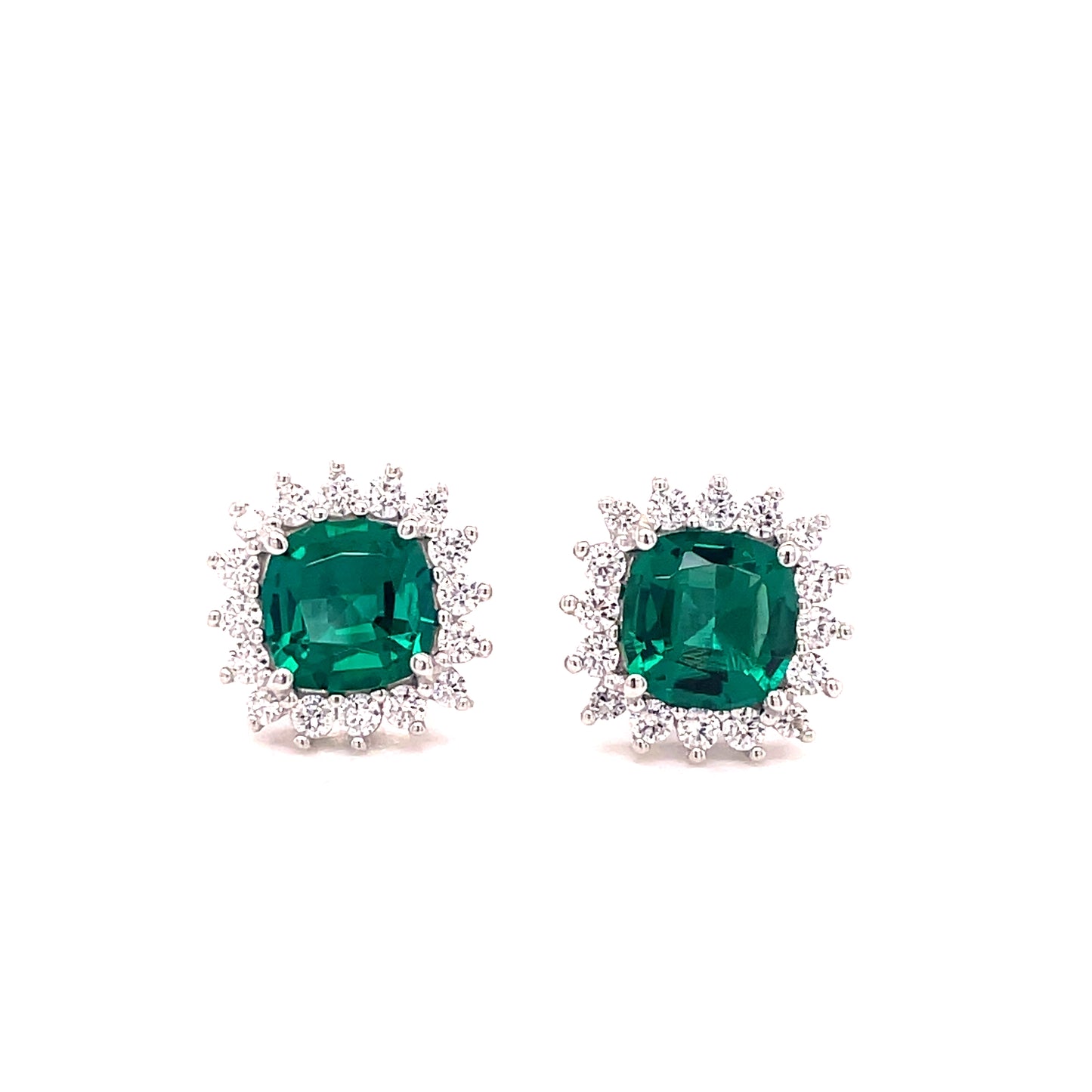 9ct White Gold Cultured Emerald And Cubic Zirconia Square Cluster Stud Earring
