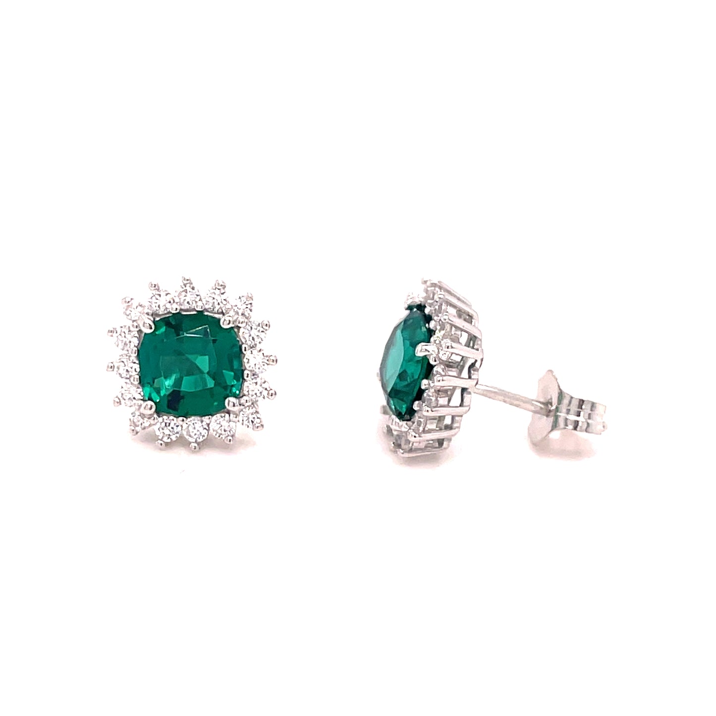 9CT WHITE GOLD CULTURED EMERALD AND CUBIC ZIRCONIA SQUARE CLUSTER STUD EARRING