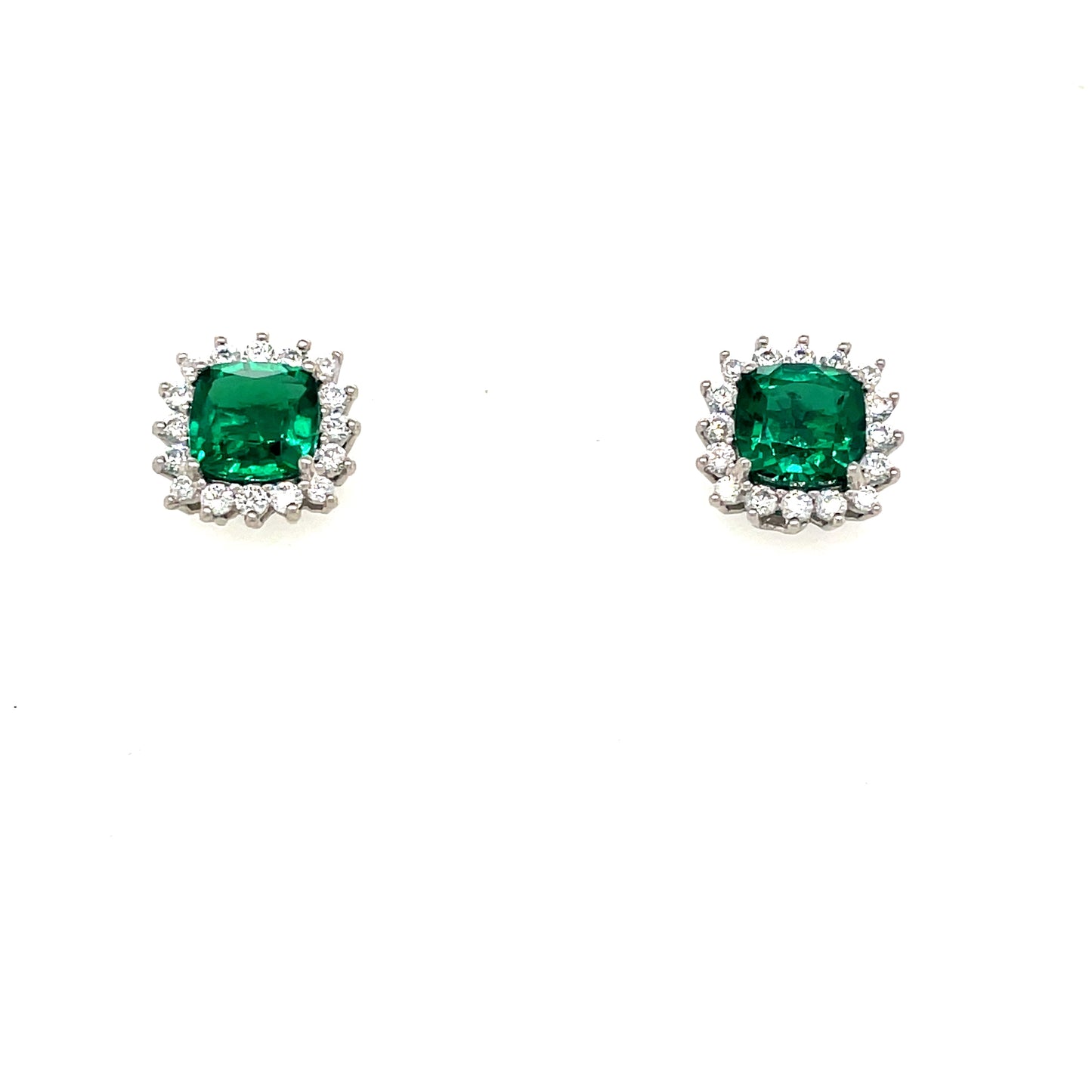 9CT WHITE GOLD CULTURED EMERALD AND CUBIC ZIRCONIA SQUARE CLUSTER STUD EARRING