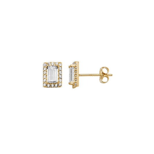 9ct Gold Emerald Cut Cubic Zirconia Cluster Earrings