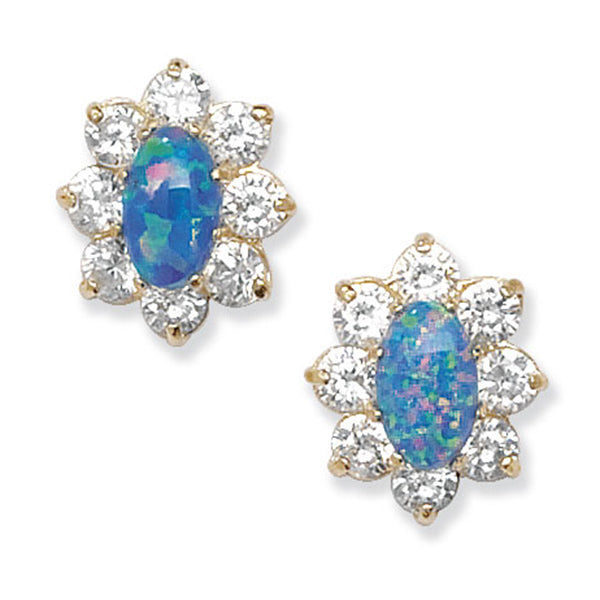 9ct Gold Blue Opal And Cubic Zirconia Cluster Earrings