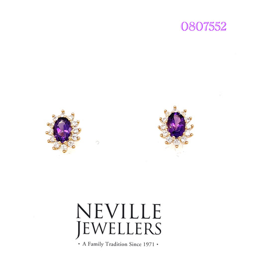 9ct  Amethyst And Cubic Zirconia Cluster Earring