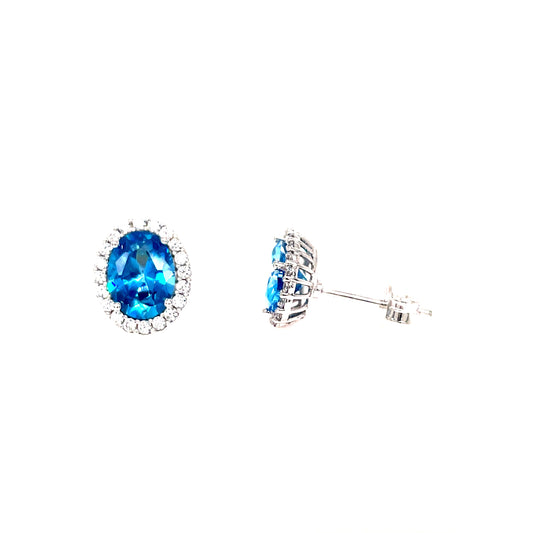 9ct White Gold Oval Blue Topaz And Cubic Zirconia Stud Earring