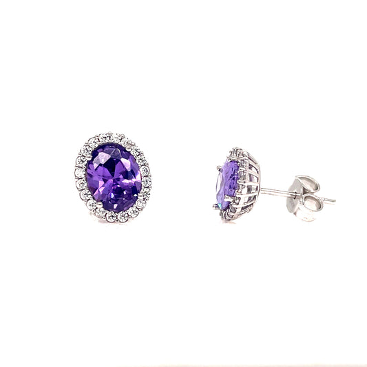 9ct White Gold Oval Cubic Zirconia Amethyst Stud Earring