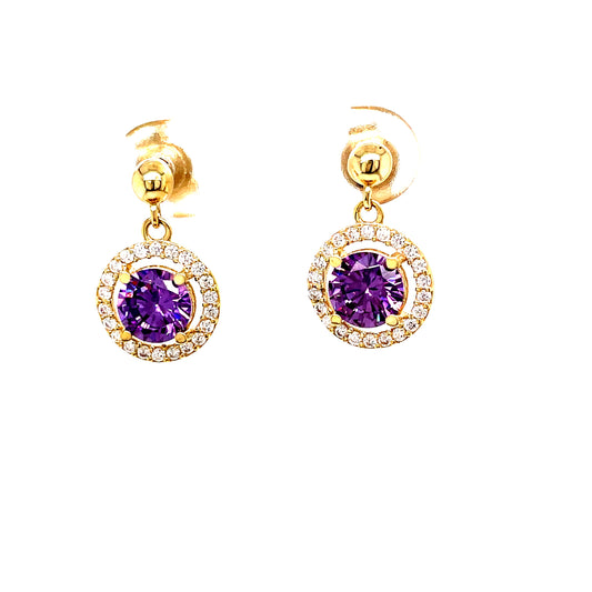 9ct Cubic Zirconia And Synthetic Amethyst Cluster Drop Earring