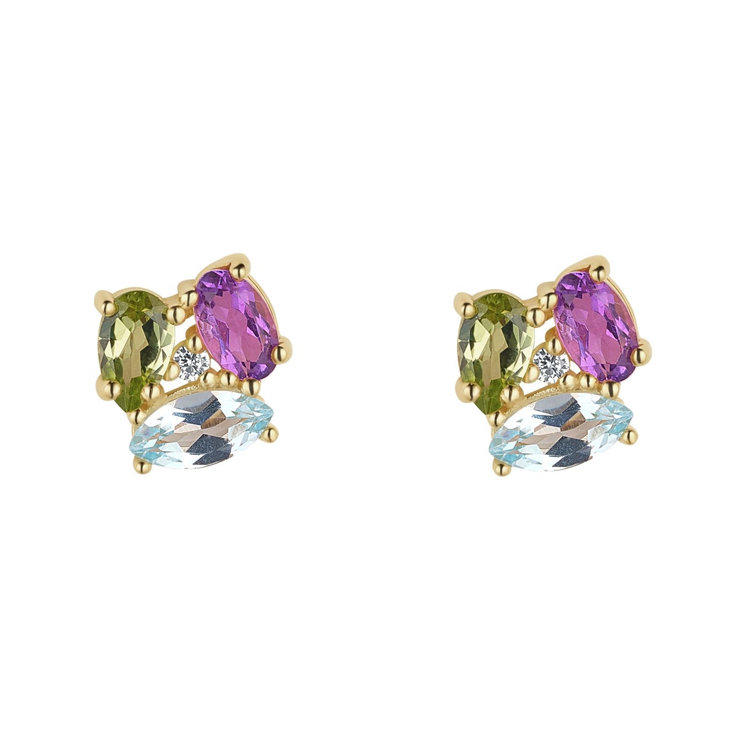 9ct Amethyst, Blue Topaz And Peridot Cluster Stud Earring