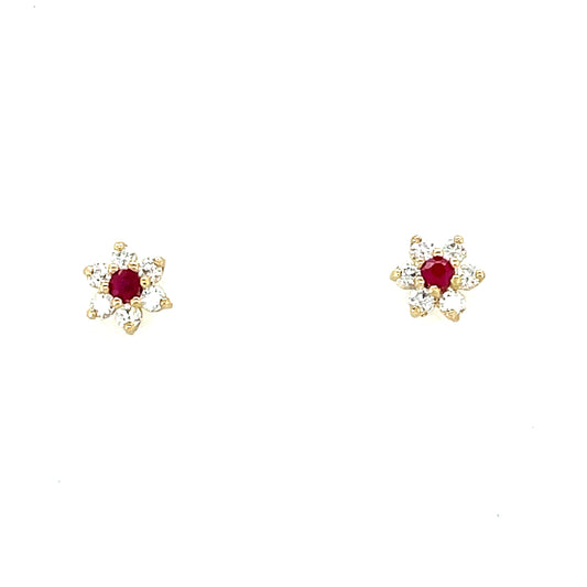 9ct Gold Cubic Zirconia / Red Stone Flower Stud Earring