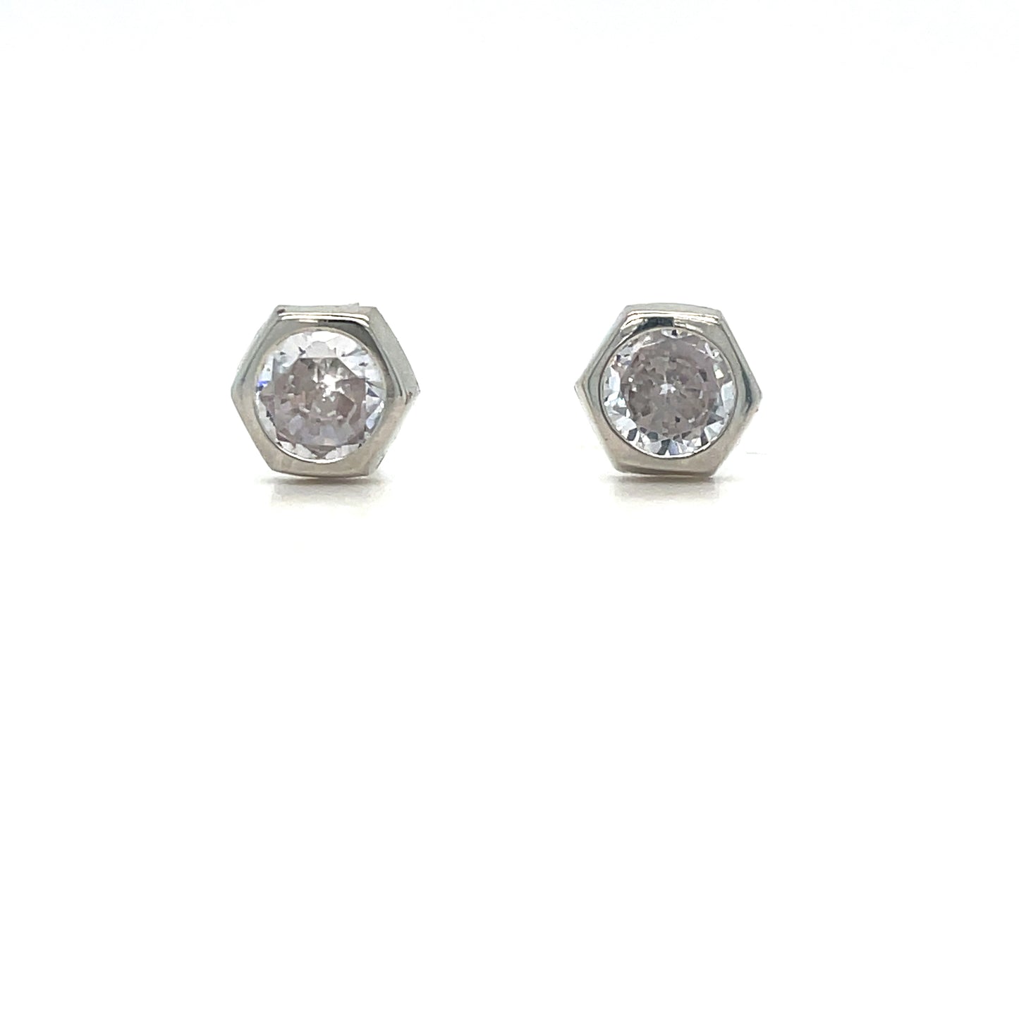 9ct White Gold Hexagon Rubover CZ Stud Earrings