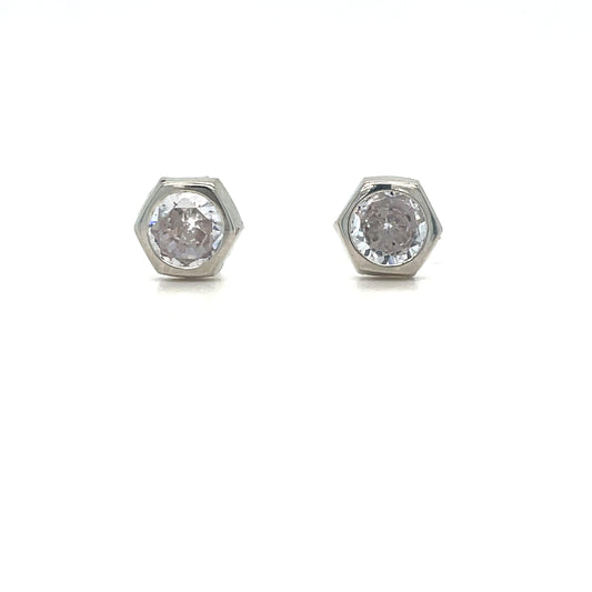 9ct White Gold Hexagon Rubover CZ Stud Earrings