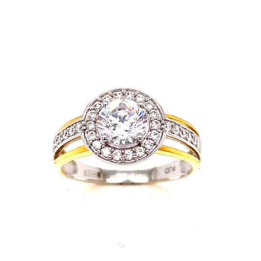 9ct Two Tone Gold Round Cluster CZ Ring with Open CZ Shoulders