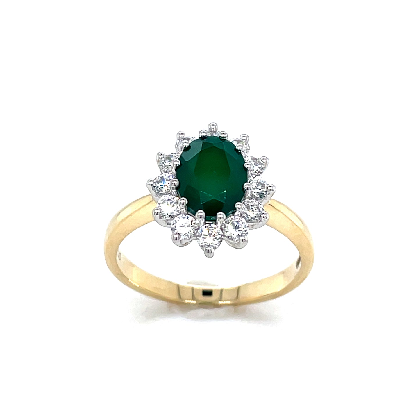 9ct Yellow  Gold Green Agate & Cubic Zirconia Oval Cluster Dress Ring