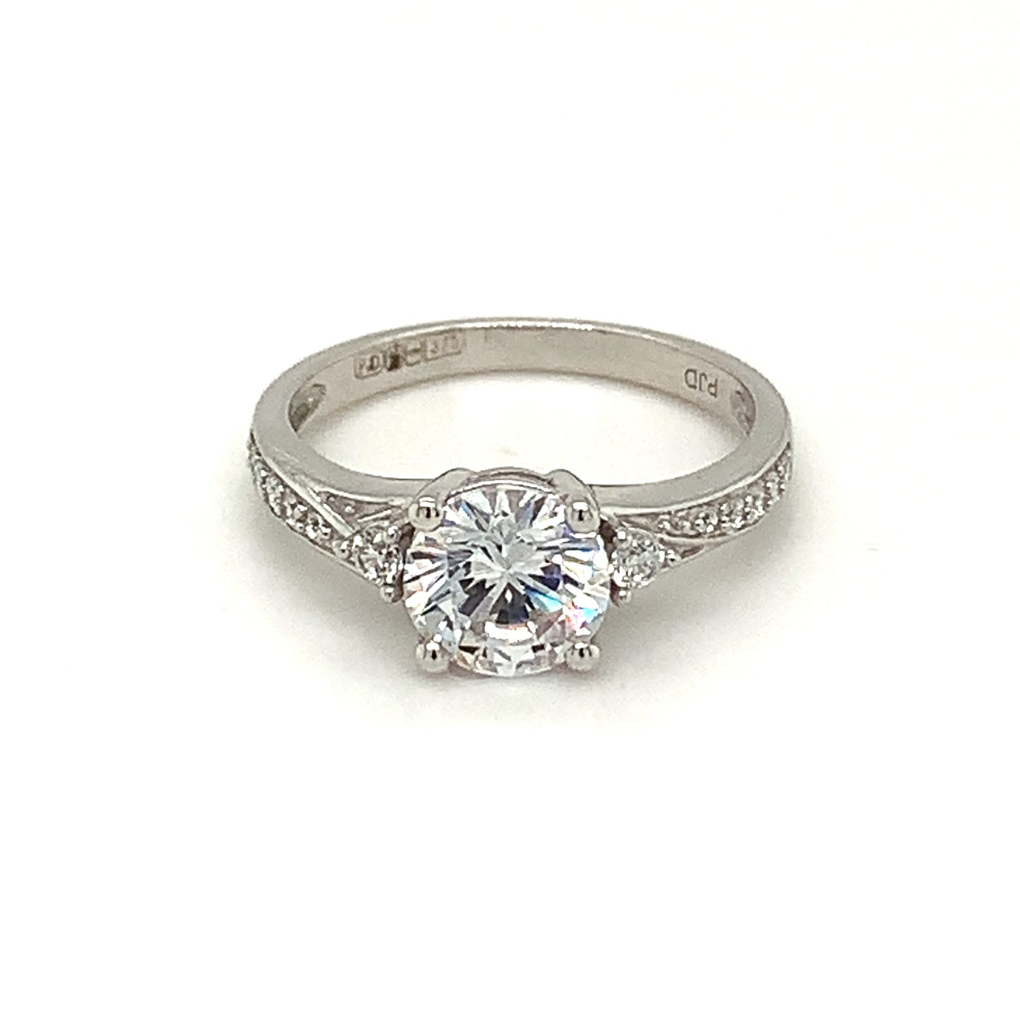 9ct White Gold Round Solitaire CZ Ring with Open CZ Set Shoulders