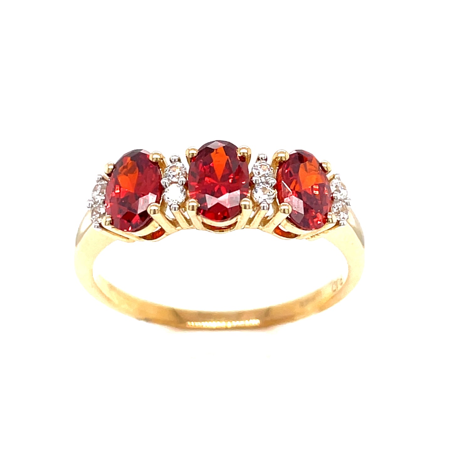 9ct Gold Three Stone Garnet And Cubic Zirconia Ring