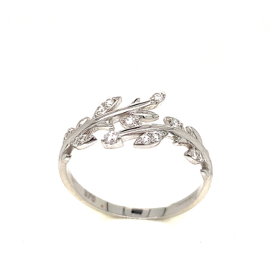 9ct White Gold Cubic Zirconia And Plain Leaf Ring