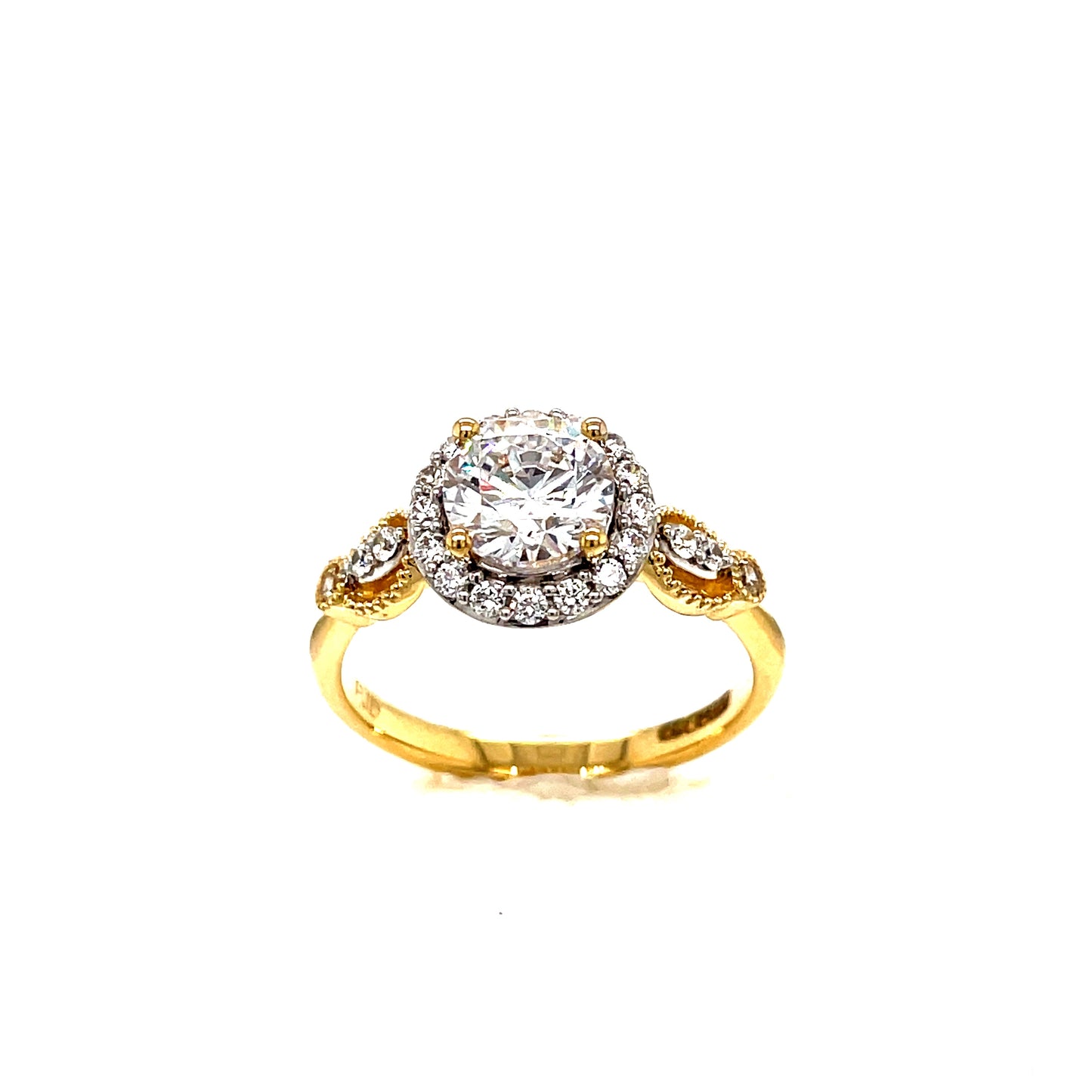 9ct Cubic Zirconia Solitaire Halo Fancy Shoulders Ring