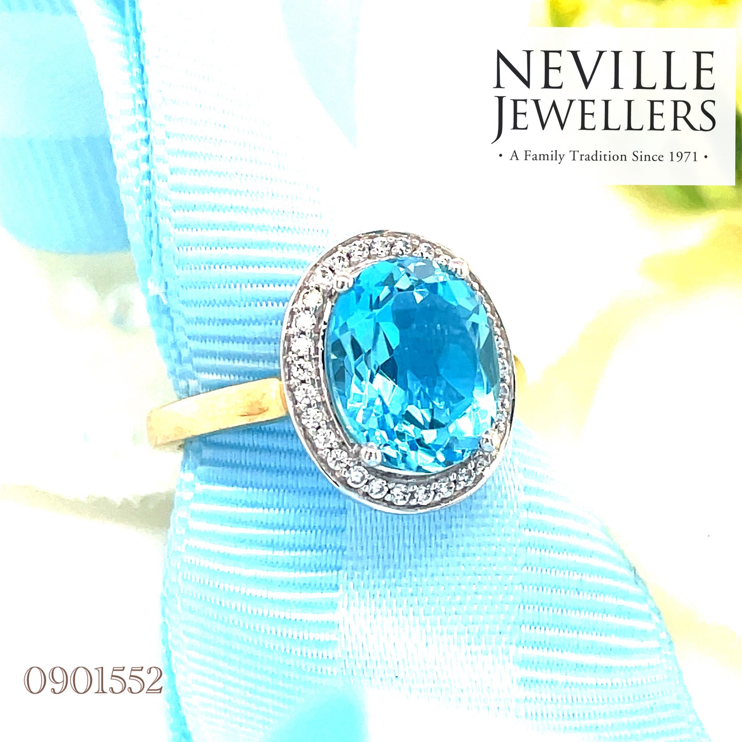 9ct Created Blue Topaz Cubic Zirconia Oval Cluster Ring