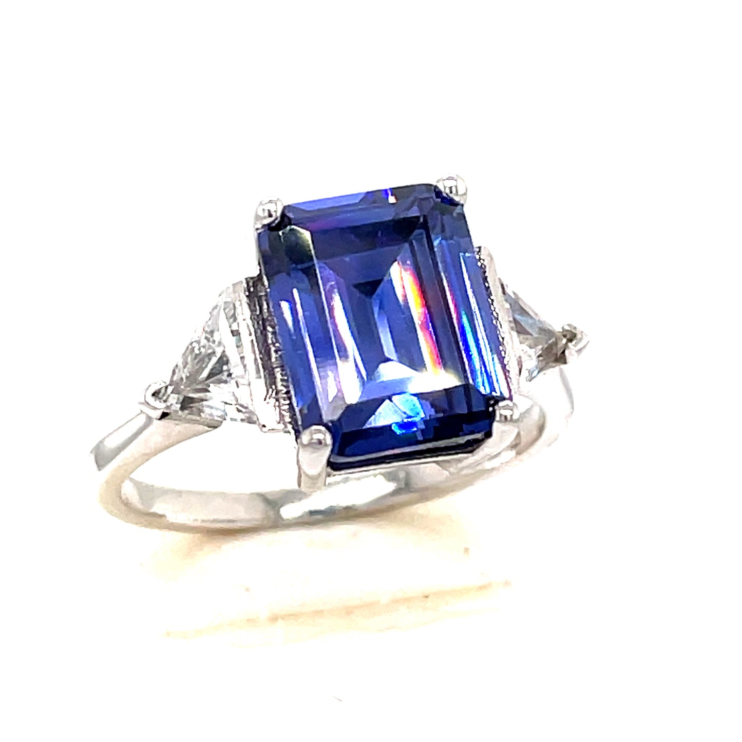 9ct White Gold Emerald Cut Tanzanite Cubic Zirconia Ring