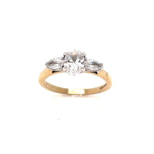 9ct Gold Three Stone Oval And Pear Cubic Zirconia Dress Ring