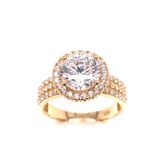 9ct Yg Round Solitaire Open 3 Row Stone Set Shoulder Dress Ring