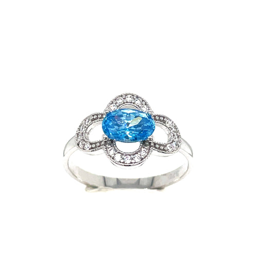 9ct White Gold Cubic Zirconia And Aquamarine Flower Dress Ring