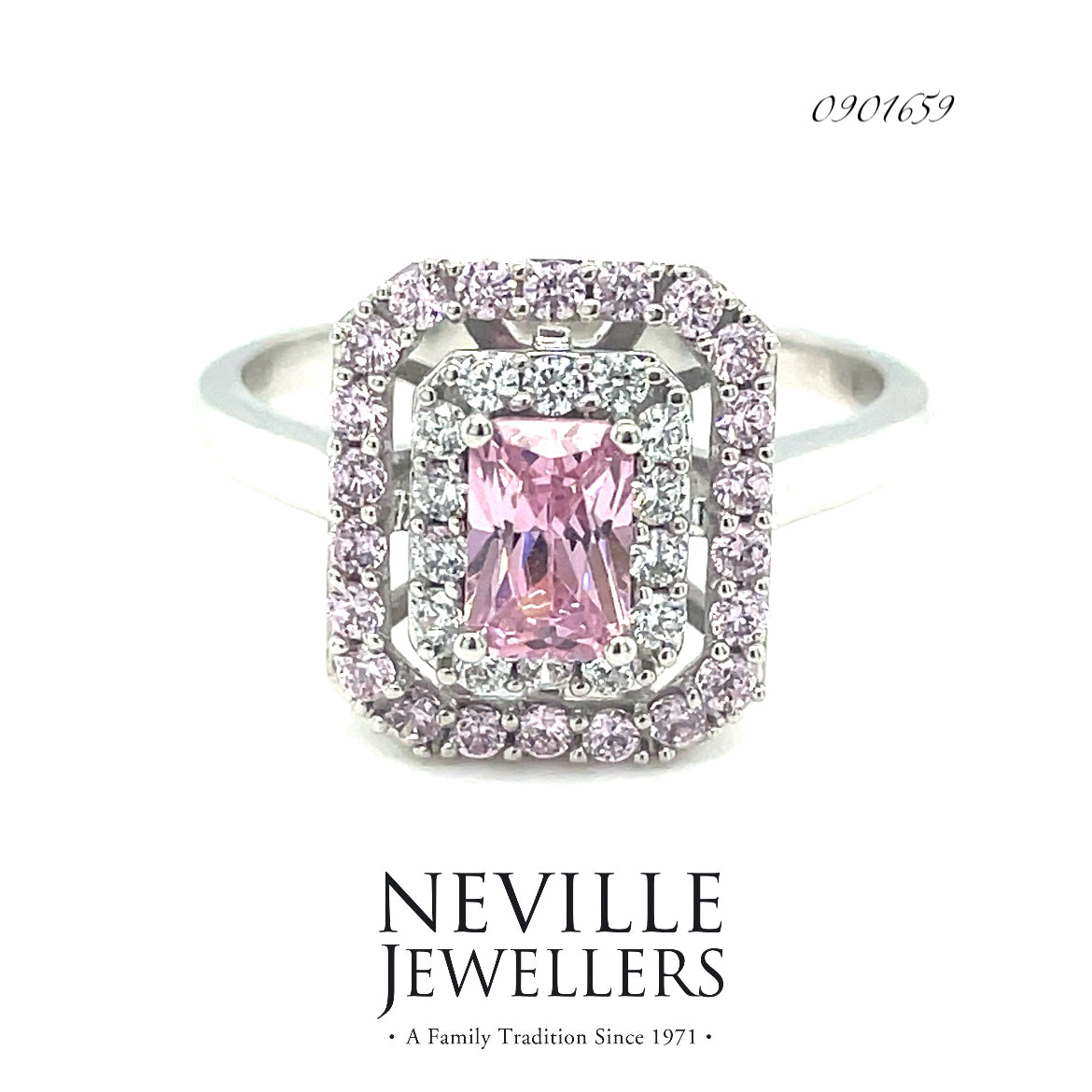 9ct White Gold Open Square Cluster Cubic Zirconia/Pink Ring