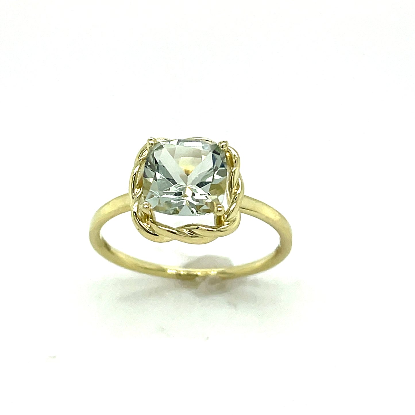 9ct Gold Synthetic Green Amethyst Cushion Cut Twist Dress Ring