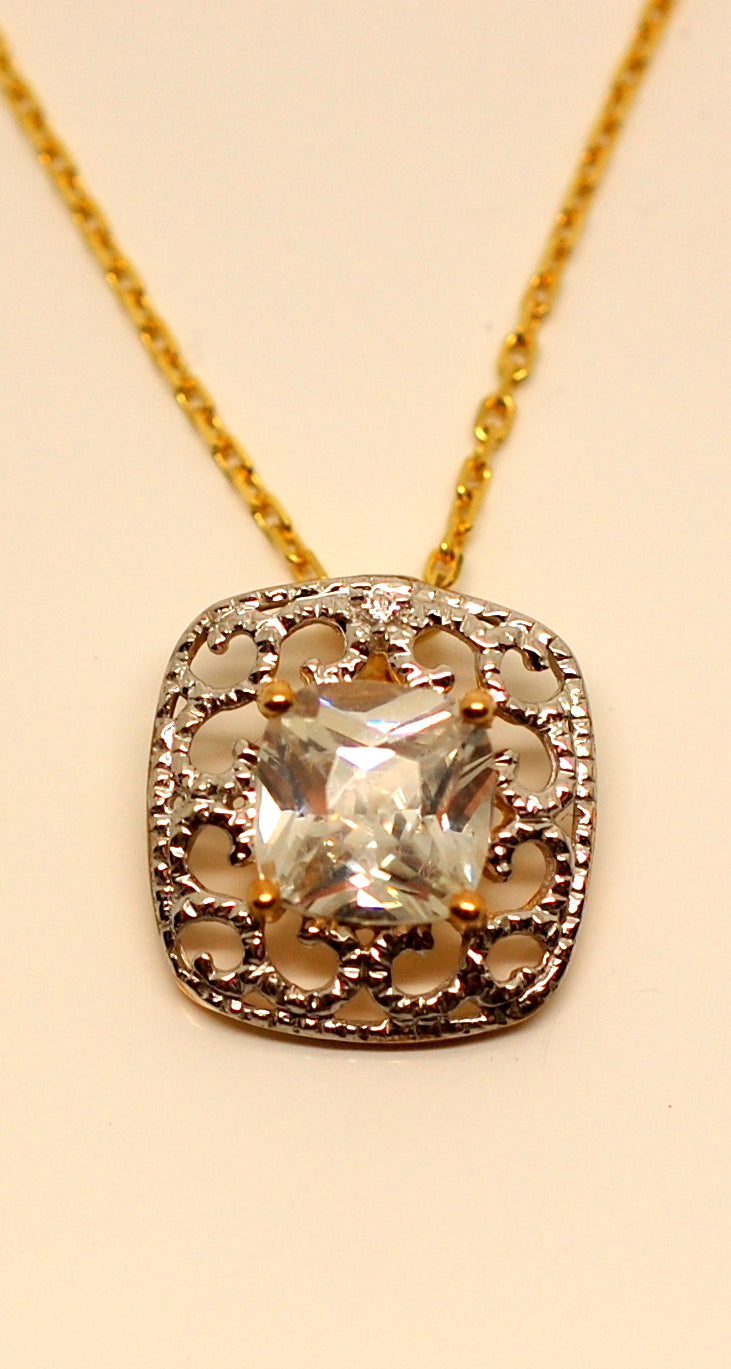9ct Two Tone Swaure CZ Flower Pendant