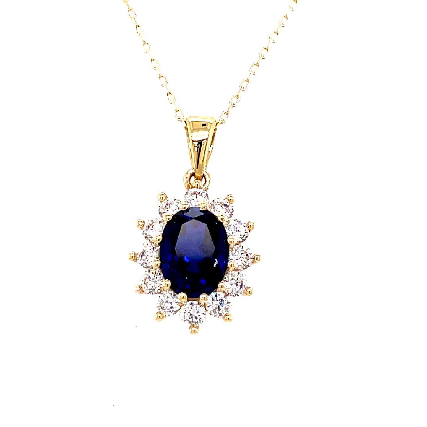 9ct Gold Oval Sapphire And Cubic Zirconia Cluster Pendant