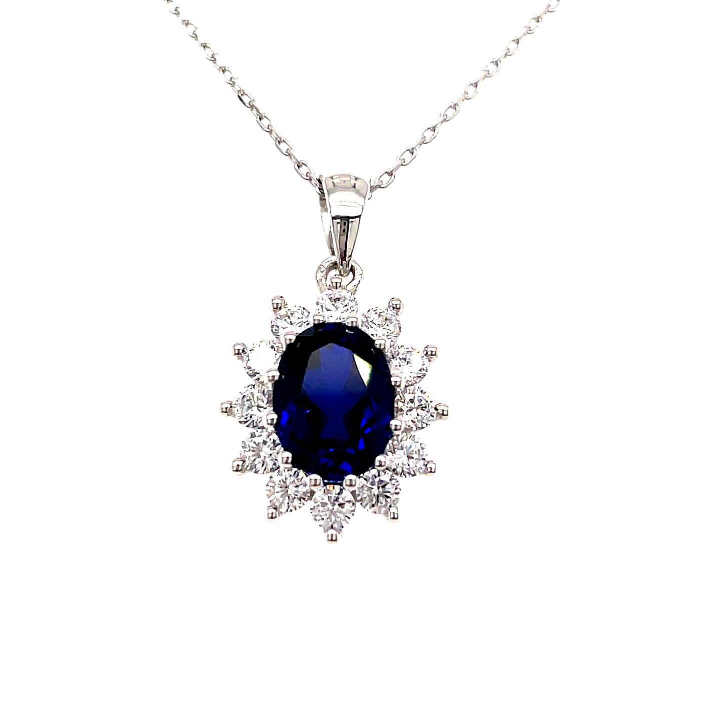 9ct White Gold Oval Sapphire And Cubic Zirconia Cluster Pendant
