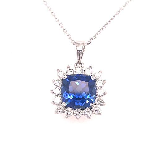 9CT WHITE GOLD CULTURED SAPPHIRE AND CUBIC ZIRCONIA SQUARE CLUSTER PENDANT