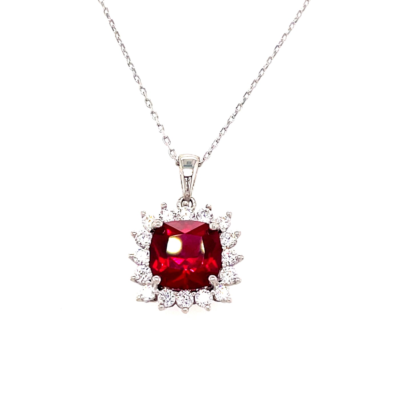 9CT WHITE GOLD CUBIC ZIRCONIA AND CULTURED RUBY SQUARE CLUSTER PENDANT