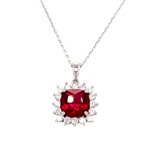 9CT WHITE GOLD CUBIC ZIRCONIA AND CULTURED RUBY SQUARE CLUSTER PENDANT