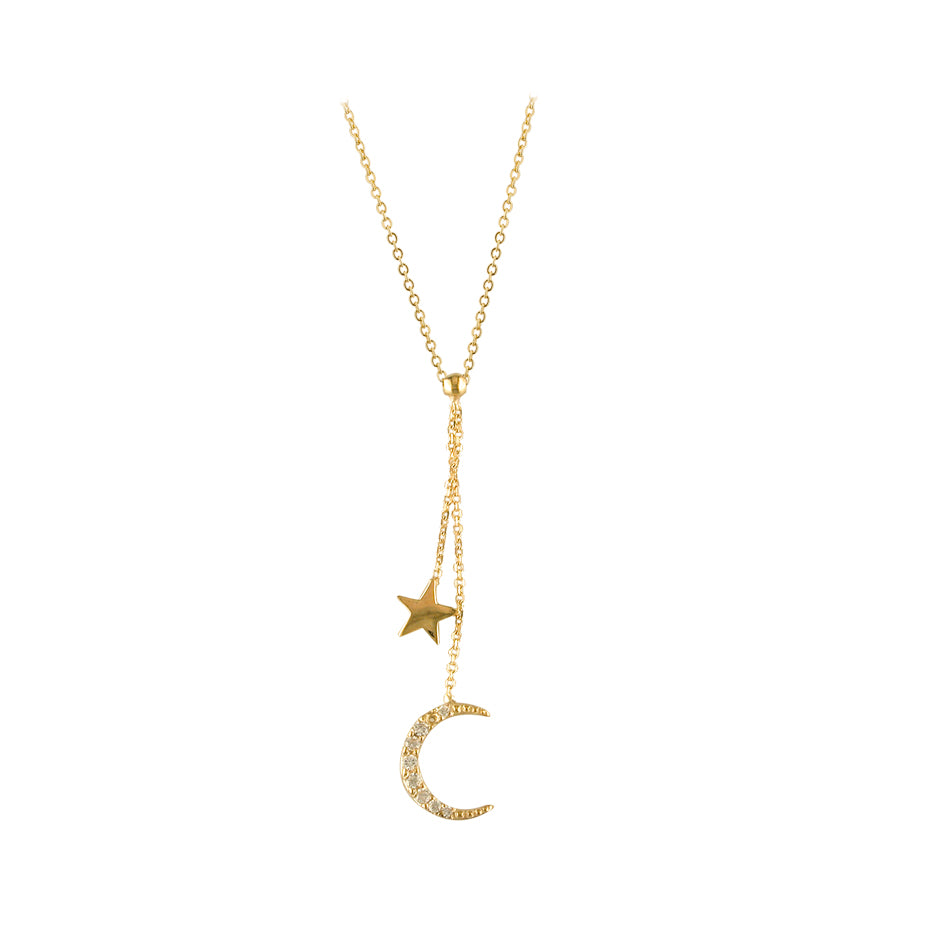 9ct Gold Cubic Zirconia Moon And Star Drop Pendant