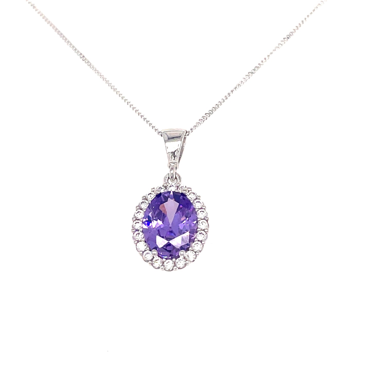 9ct White Gold Oval Cubic Zirconia Synthetic Amethyst Pendant