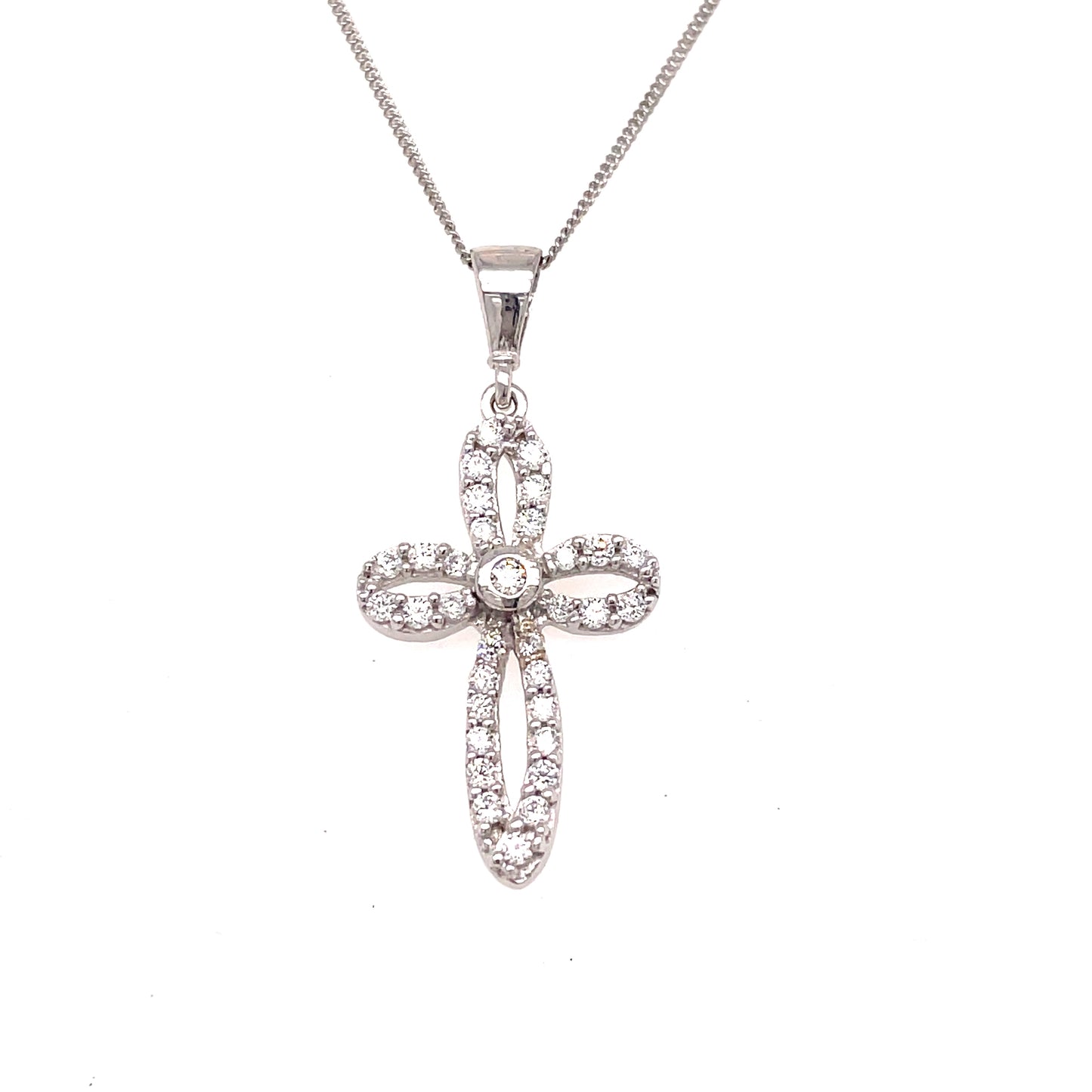 9ct White Gold Open Loop Cubic Zirconia Cross Pendant